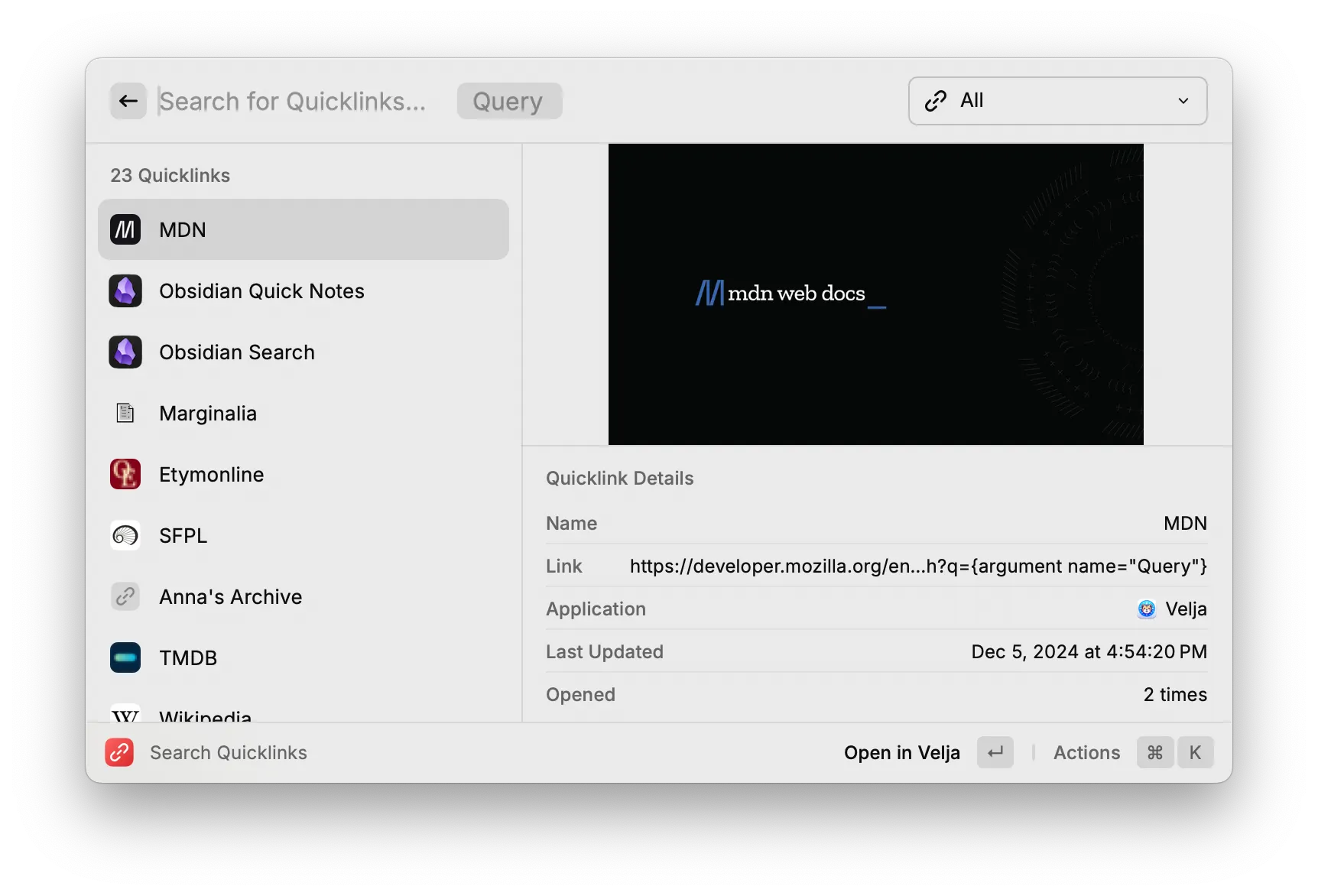 Raycast&#x27;s quicklinks feature
