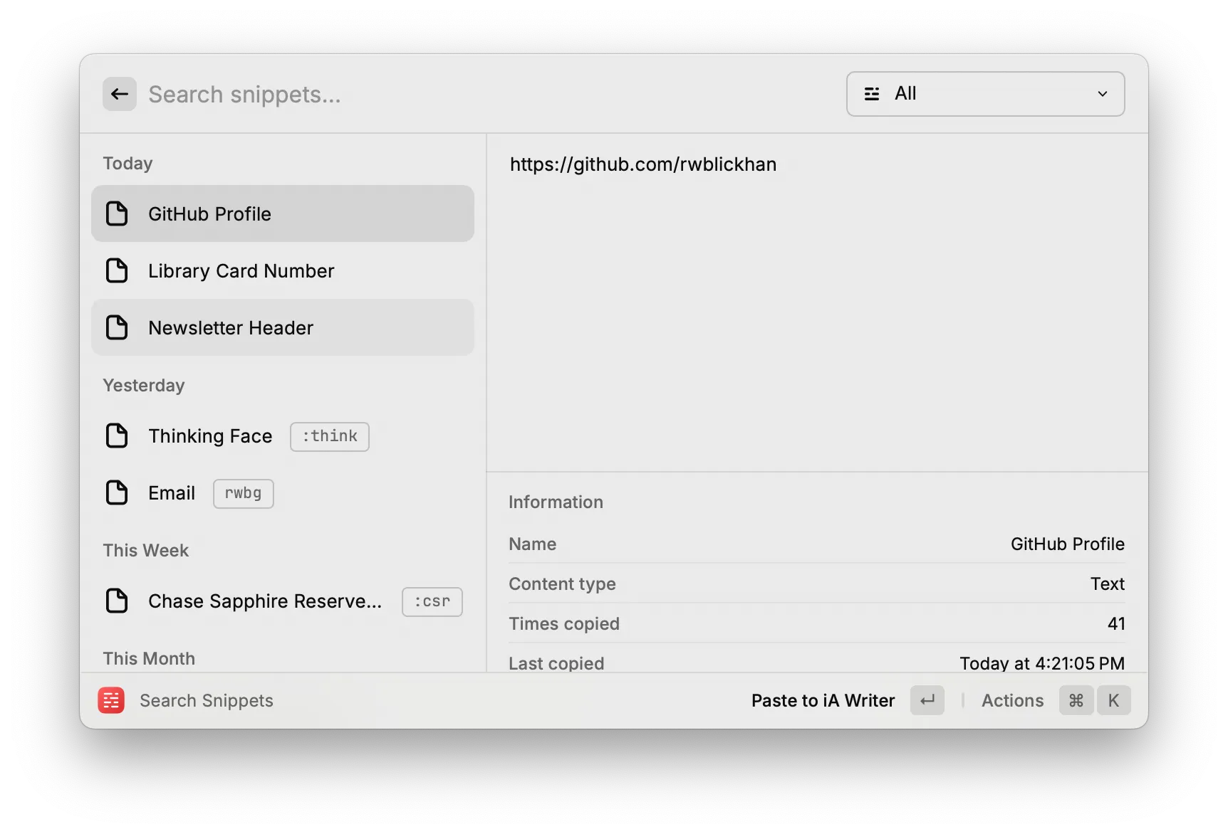 Raycast&#x27;s snippets feature